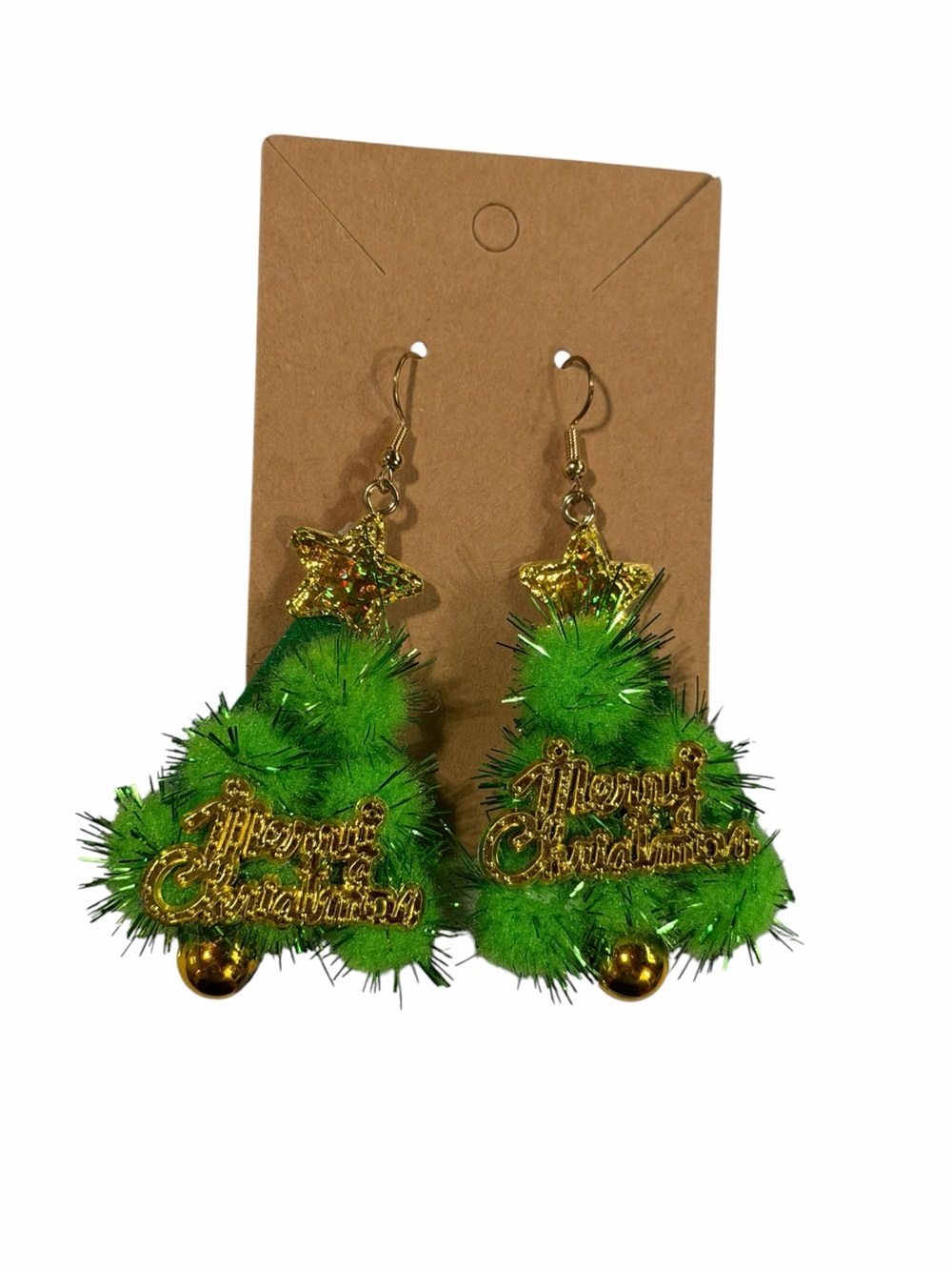 Festive Green Christmas Tree Dangle Earrings with Gold Accents